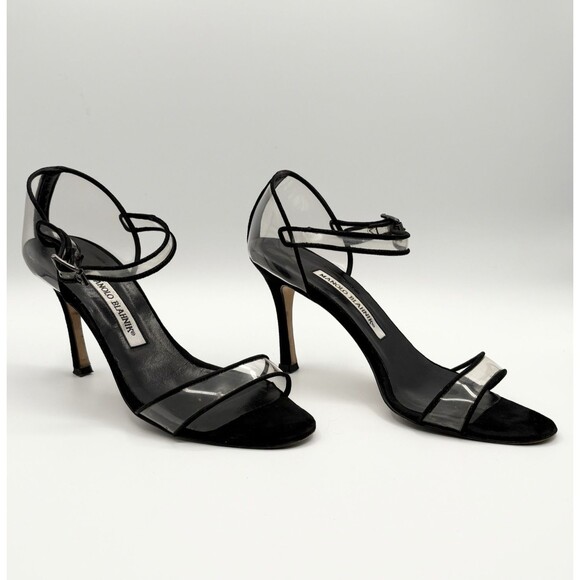 Manolo Blahnik Fersen Black Suede-Trimmed PVC Heel Sandals Heels Sz EU 37.5 - Picture 1 of 12